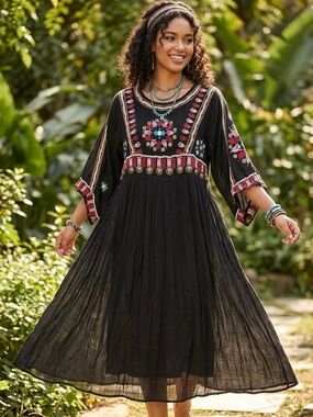 Nina Kaufmann Black Embroidered Embellished Bohemian Dress Medium